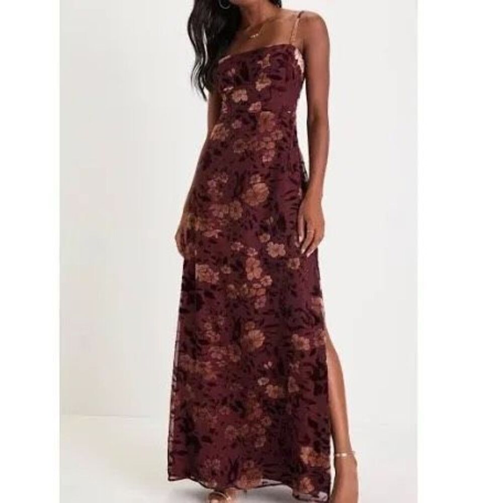 Lulus Effortless Celebration Burgundy Floral Velvet Burnout A-Line Maxi Dress L